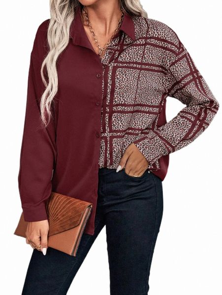 plaid & leopard print drop shoulder shirt x42b#, White 
plaid & leopard print drop shoulder shirt x42b#, White