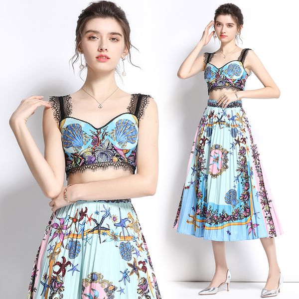 2022 retro print 2 piece dress women slim suspender vests and mermaid long skirt home wear suit woman two piece set casual vacation beach b, White