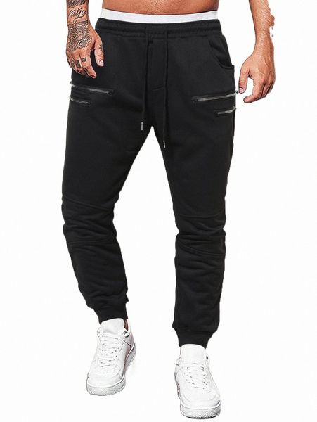 men zip pocket drawstring waist sweatpants z74h#, Black