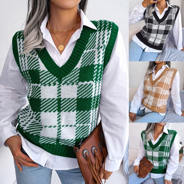 2022 ins style actual shooting autumn winter knits european and american casual color contrast plaid knitted sweater vest, White
2022 ins style actual shooting autumn winter knits european and american casual color contrast plaid knitted sweater vest, White