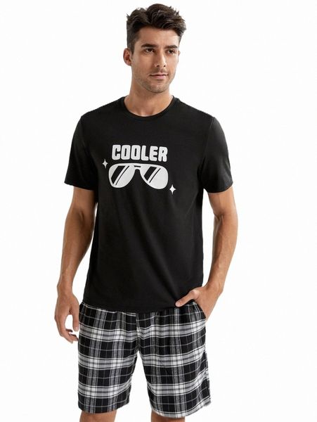 men glasses & letter graphic tee & plaid shorts z8qa#, Gray 
men glasses & letter graphic tee & plaid shorts z8qa#, Gray