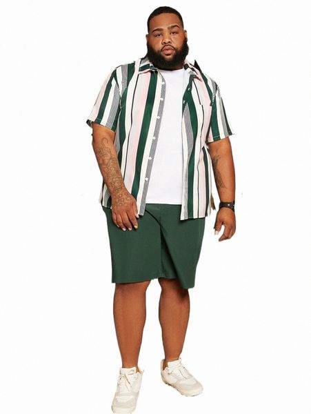 extended sizes men vertical striped shirt & shorts without tee w7c0#, Gray