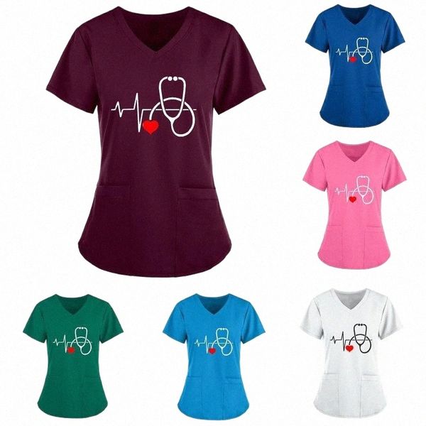 women t-shirt short sleeve v-neck working uniform printed pocket nurses casual plus size pullover clothing women's x3io#, White
women t-shirt short sleeve v-neck working uniform printed pocket nurses casual plus size pullover clothing women's x3io#, White
