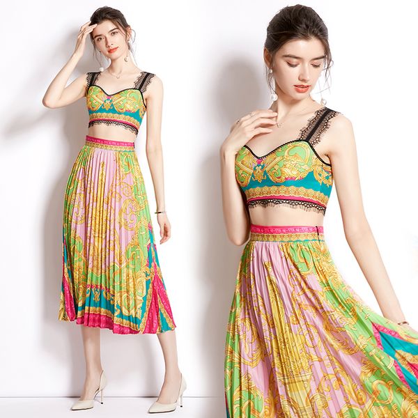 2022 women two piece dress sets designer set baroque style woman slim vests and pleated long skirt vintage print 2 piece suits chic vacatio, White
2022 women two piece dress sets designer set baroque style woman slim vests and pleated long skirt vintage print 2 piece suits chic vacatio, White