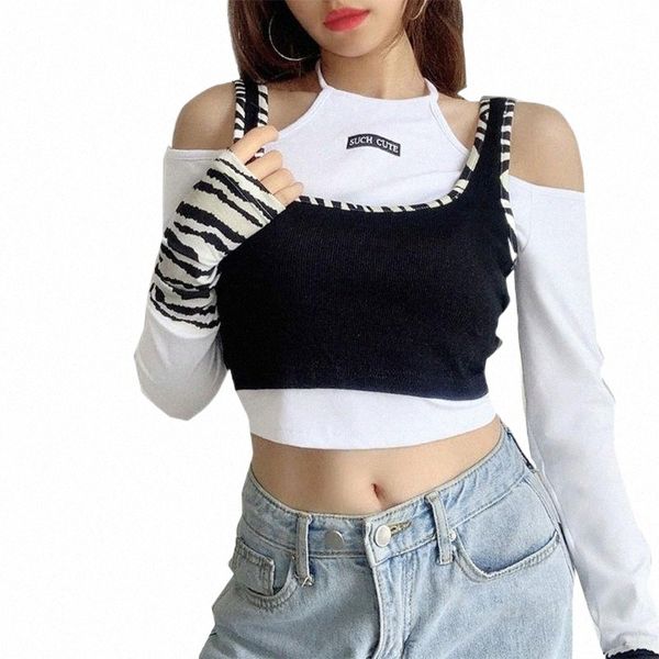 women fake 2 pieces long sleeve skinny shirts black white zebra stripes patchwork crop harajuku halter off shoulder sli women's t-s k8r
women fake 2 pieces long sleeve skinny shirts black white zebra stripes patchwork crop harajuku halter off shoulder sli women's t-s k8r
