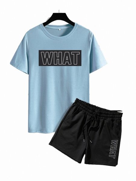 men letter graphic tee & drawstring shorts g2ky#, Gray