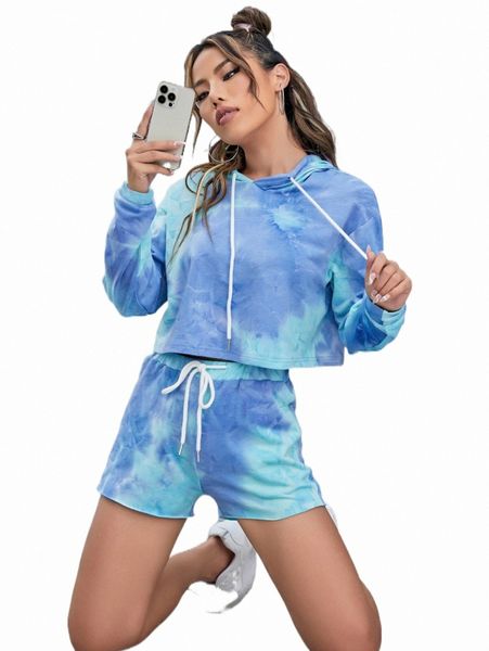 tie dye drawstring hooded sweatshirt & shorts f8di#, White 
tie dye drawstring hooded sweatshirt & shorts f8di#, White