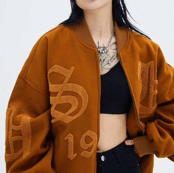 new mens bomber jackets letter embroidery flocking street oversized cotton baseball jacket women hiphop harajuku retro coat outwear, Black;brown
new mens bomber jackets letter embroidery flocking street oversized cotton baseball jacket women hiphop harajuku retro coat outwear, Black;brown