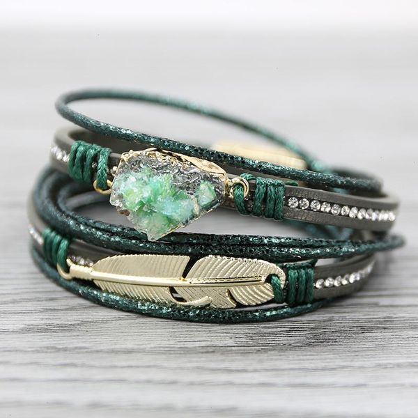 

green leather bracelets strand for women multilayer druzy bracelet vintage feather charm pulseras mujer, Black