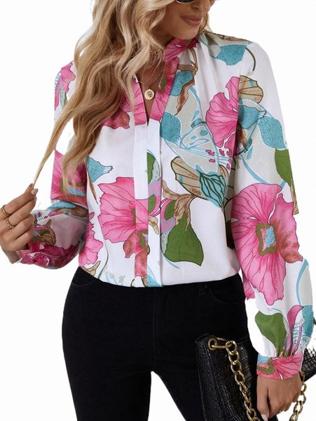 floral print lantern sleeve shirt 44op#, White