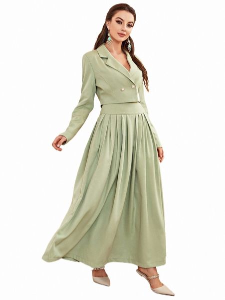 solid double button blazer & pleated skirt f92k#, White