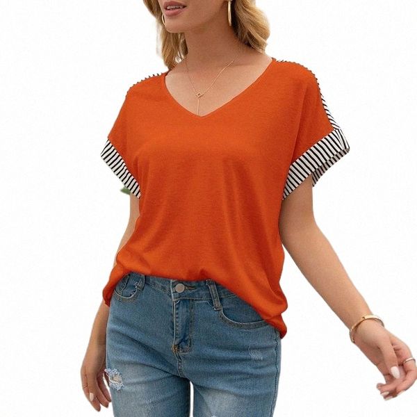 women's t-shirt splicing loose collision color short-sleeved stripes casual v-neck t shirts korean style slim femme y57i#, White
women's t-shirt splicing loose collision color short-sleeved stripes casual v-neck t shirts korean style slim femme y57i#, White