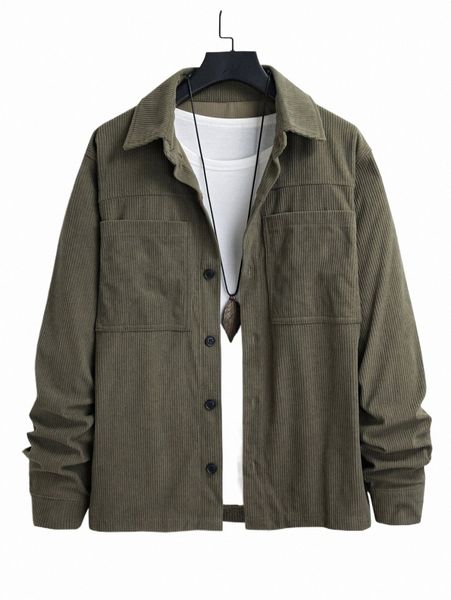 men 1pc pocket patched corduroy jacket q7cn#, Black;brown