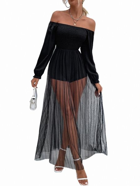 off shoulder contrast mesh flounce sleeve shirred romper q4z0#, Black;white