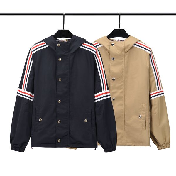 men's jacket hoodie fall new long sleeve hooded zipper striped four bars striped double breasted short coat, Black;brown
men's jacket hoodie fall new long sleeve hooded zipper striped four bars striped double breasted short coat, Black;brown