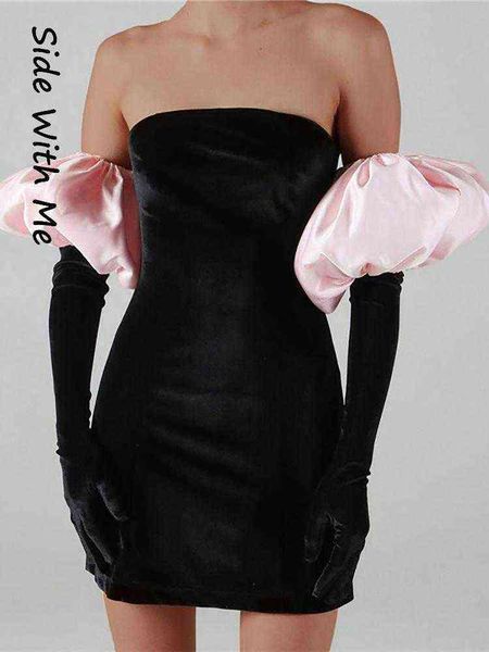 side with me 2022 spring summer bodycon strapless puff sleeve woman mini dress slim elegant party club women's dresses t220819, Black;gray
side with me 2022 spring summer bodycon strapless puff sleeve woman mini dress slim elegant party club women's dresses t220819, Black;gray