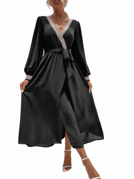 contrast trimmed surplice neck belted wrap dress h0em#, Black;gray
contrast trimmed surplice neck belted wrap dress h0em#, Black;gray