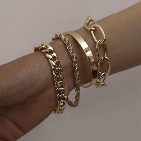 

punk gold color big strand thick chain bracelet set women retro geometric metal twist bangles fashion jewelry, Black