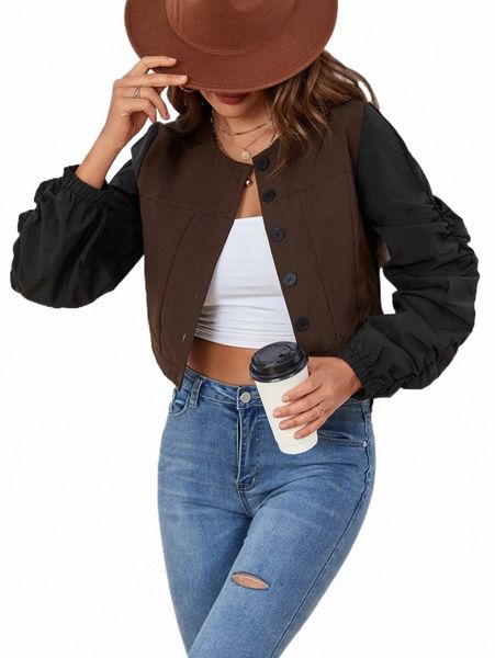 colorblock ruched sleeve button up crop jacket x4mz#, Black;brown
colorblock ruched sleeve button up crop jacket x4mz#, Black;brown