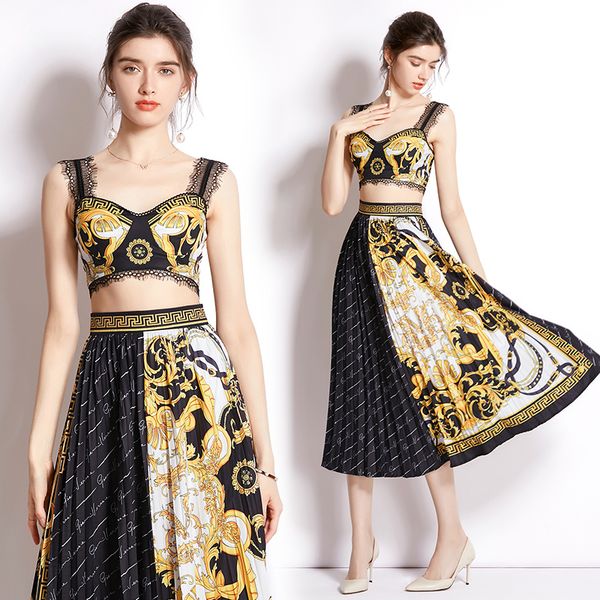 2022 women two piece dress sets designer set baroque style woman slim vests and pleated long skirt vintage print 2 piece suits chic vacatio, White
2022 women two piece dress sets designer set baroque style woman slim vests and pleated long skirt vintage print 2 piece suits chic vacatio, White