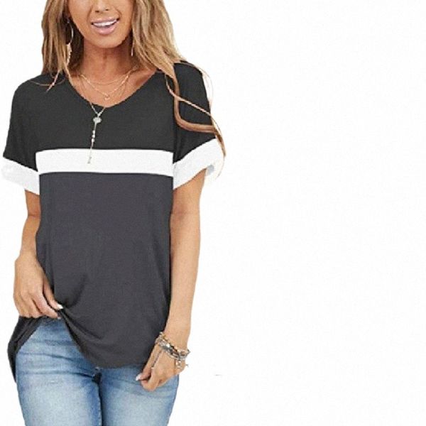 spring and summer european american women's solid color round v short-sleeved contrast stitching t-shirt j6qr#, White
spring and summer european american women's solid color round v short-sleeved contrast stitching t-shirt j6qr#, White