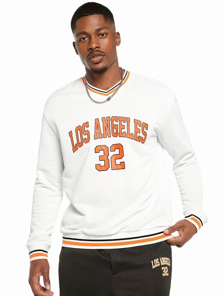 men letter graphic striped trim pullover o840#, Black 
men letter graphic striped trim pullover o840#, Black