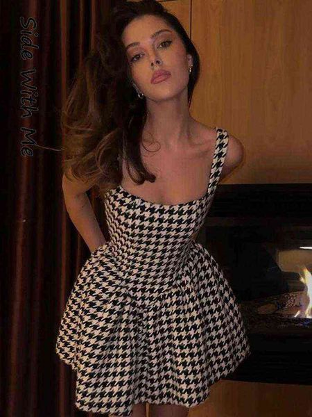 side with me 2022 spring summer spaghetti strap houndstooth a line woman mini dress elegant party club women's dresses t220819, Black;gray
side with me 2022 spring summer spaghetti strap houndstooth a line woman mini dress elegant party club women's dresses t220819, Black;gray