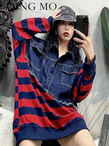 qing mo women long sleeves lapel sweatshirt loose mid-length denim splicing stripe printing 2022 autumn lhx1355a, Black
qing mo women long sleeves lapel sweatshirt loose mid-length denim splicing stripe printing 2022 autumn lhx1355a, Black