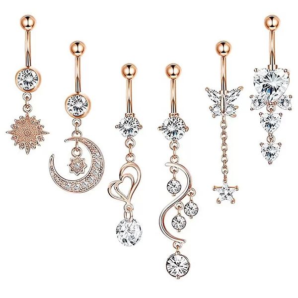 6pcs/set women crystal zircon moon heart dangle navel piercing belly ring body jewelry, Silver
6pcs/set women crystal zircon moon heart dangle navel piercing belly ring body jewelry, Silver