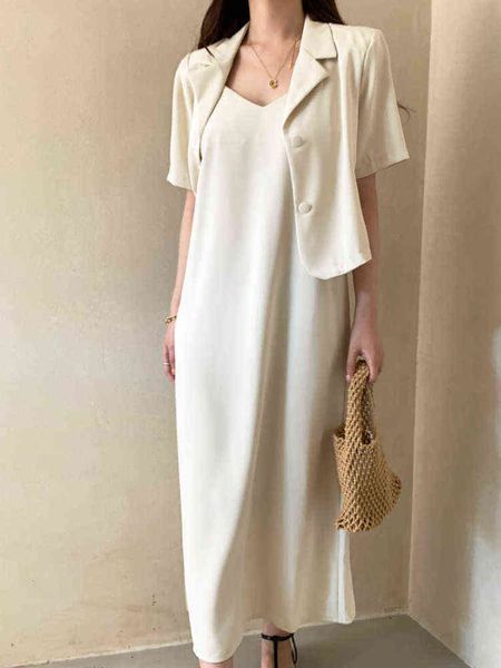 women summer elegant casual suit loose jackets spaghetti band midi vestidos two pieces set femme fashion korean outfits j220813, White;black
women summer elegant casual suit loose jackets spaghetti band midi vestidos two pieces set femme fashion korean outfits j220813, White;black
