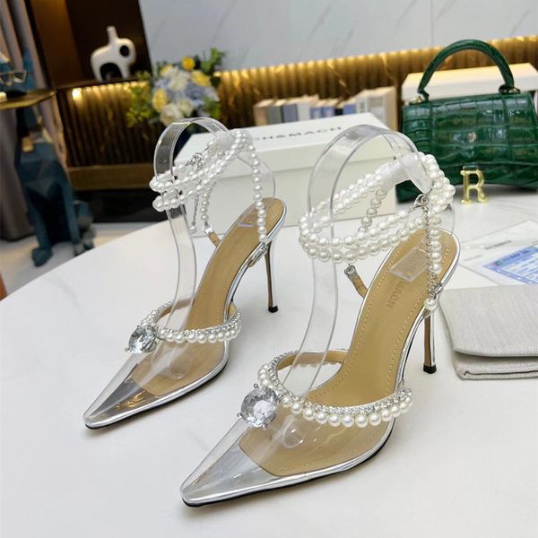heels mach stiletton sandals fashion designer pearl high heels pvc pointed toe ladies shoes, Black