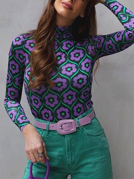 women's sweaters half turtleneck long sleeve floral print women green vintage blouse 2022, White;black 
women's sweaters half turtleneck long sleeve floral print women green vintage blouse 2022, White;black