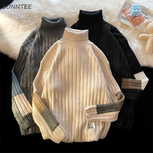 sweater pullovers men patchwork design fashion autumn arrival college allmatch loose retro turtleneck soft basic casual ins 220822, White;black