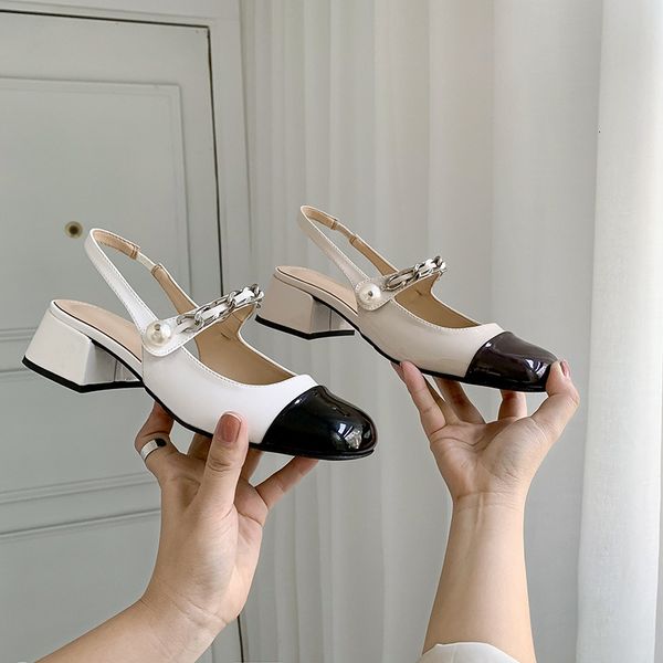 miu mary jane baotou sandals women's thick heel pearl color contrast back empty single shoe middle summer shoes, Black
miu mary jane baotou sandals women's thick heel pearl color contrast back empty single shoe middle summer shoes, Black