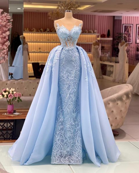 light sky blue mermaid prom dresses with detachable train lace appliqued beaded tulle evening dress wear formal party gowns, Black
light sky blue mermaid prom dresses with detachable train lace appliqued beaded tulle evening dress wear formal party gowns, Black