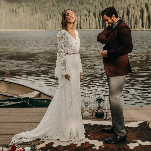 bohemian mermaid wedding dresses lace backless bridal gowns long sleeves v neck plus size trumpet sweep train robe de mariee, White
bohemian mermaid wedding dresses lace backless bridal gowns long sleeves v neck plus size trumpet sweep train robe de mariee, White