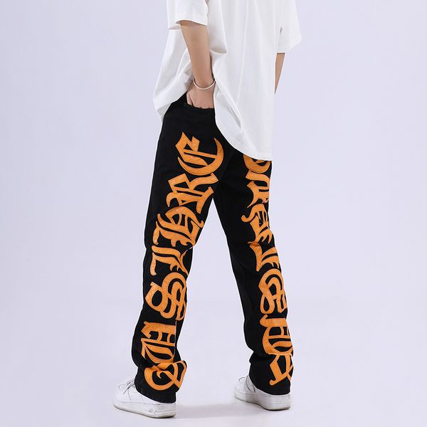 men's jeans back pu letter embroidery straight retro jeans for men distressed hip hop style loose denim trousers, Blue
men's jeans back pu letter embroidery straight retro jeans for men distressed hip hop style loose denim trousers, Blue