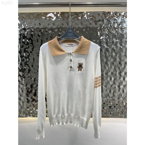women's sweaters designer 2022 autumn new four bar bear embroidery jacquard polo shirt long sleeve knitted pullover, White;black
women's sweaters designer 2022 autumn new four bar bear embroidery jacquard polo shirt long sleeve knitted pullover, White;black