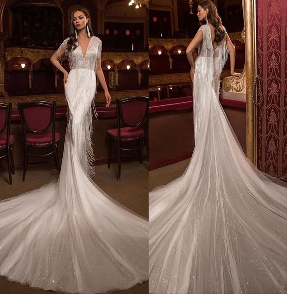 glamorous shiny tassels mermaid wedding dresses deep v neck sleeveless bridal gown custom made sequined women wedding gowns, White
glamorous shiny tassels mermaid wedding dresses deep v neck sleeveless bridal gown custom made sequined women wedding gowns, White