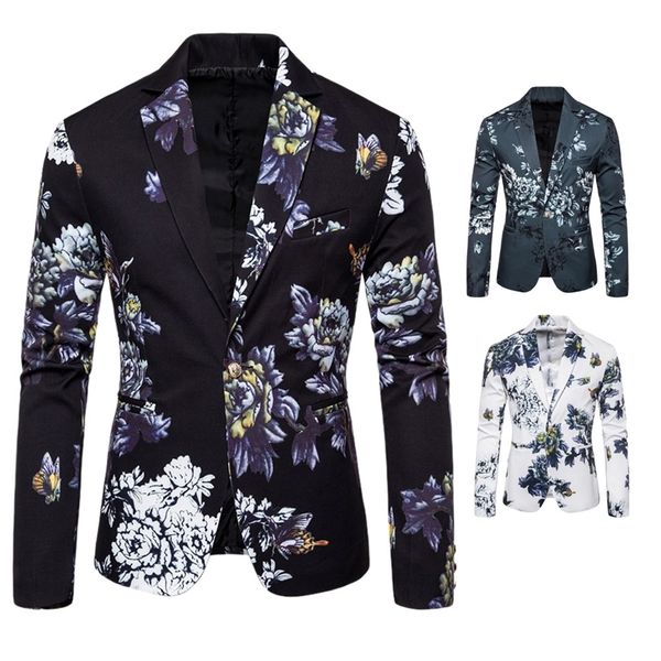 men's suits blazers fashion men trendy korean style turn-down collar long sleeve floral printed slim fit casual blazer coats 220826, White;black
