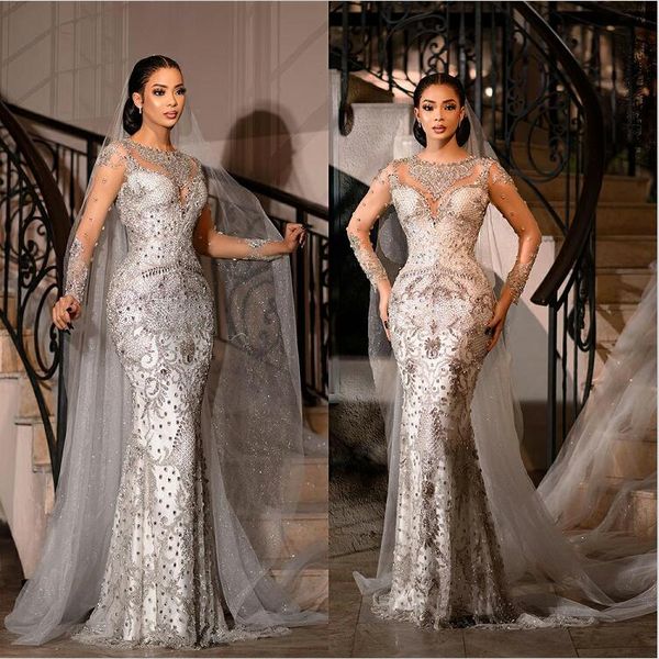 vintage dubai mermaid wedding dress luxury beading lace sheer neck long sleeve sequins bridal gowns, White
vintage dubai mermaid wedding dress luxury beading lace sheer neck long sleeve sequins bridal gowns, White