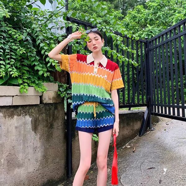 women's tracksuits designer 22 summer rainbow stripe polo collar knitted short sleeve lace up shorts set women's casual kla8, Gray
women's tracksuits designer 22 summer rainbow stripe polo collar knitted short sleeve lace up shorts set women's casual kla8, Gray