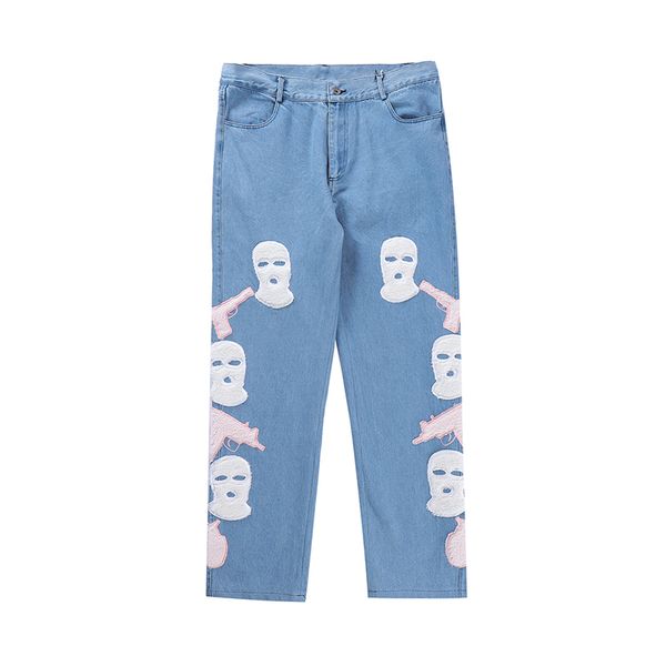 embroidery patchwork jeans pants for men and women casual straight loose trousers, Blue
embroidery patchwork jeans pants for men and women casual straight loose trousers, Blue
