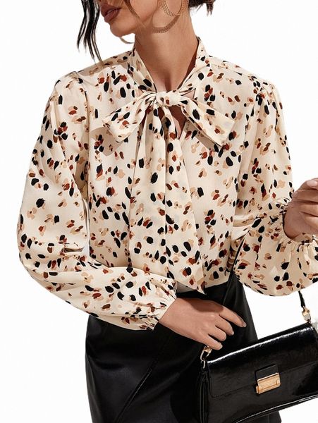 women's blouses & shirts allover print tie neck blouse i5h7#, White