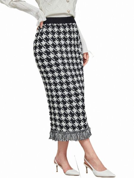 women's sweaters houndstooth pattern fringe hem knit skirt i6sg#, White;black
women's sweaters houndstooth pattern fringe hem knit skirt i6sg#, White;black