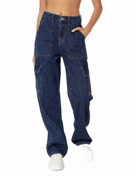 women's jeans blues flap pocket cargo jeans 2022 new k7wh#, Blue
