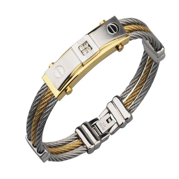 gold color wire cable men charm bracelets bangles titanium steel new 2017 men fashion jewelry258b, Golden;silver 
gold color wire cable men charm bracelets bangles titanium steel new 2017 men fashion jewelry258b, Golden;silver