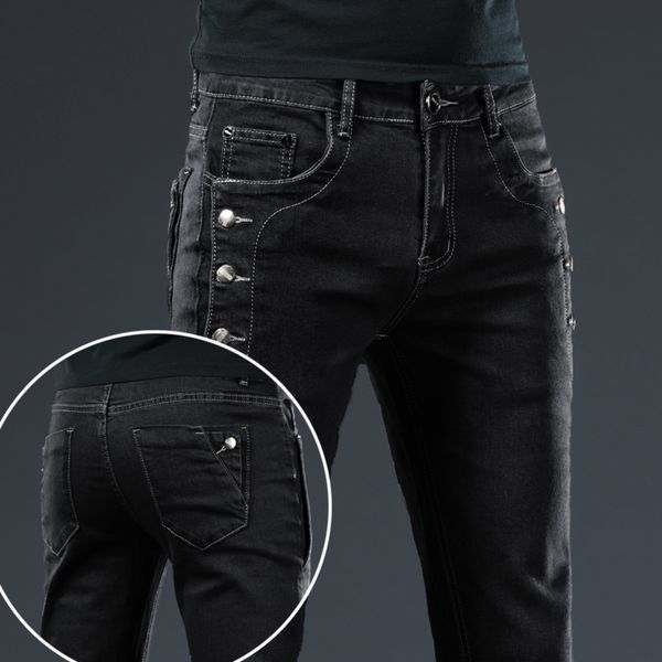 men's jeans brand men fashion korean style high street slim fit button personality vintage classical denim pants black trousers men 220, Blue
men's jeans brand men fashion korean style high street slim fit button personality vintage classical denim pants black trousers men 220, Blue