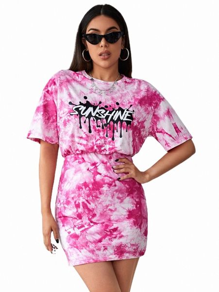 casual dresses letter graphic tie dye drop shoulder dress c5gm#, Black;gray