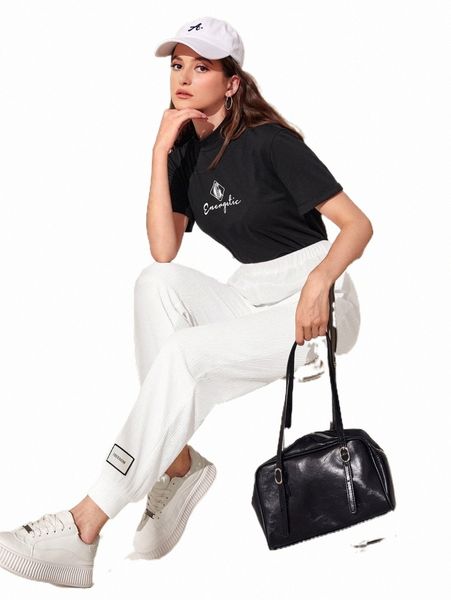 women's pants & capris patched detail slant pocket sweatpants y8se#, Black;white 
women's pants & capris patched detail slant pocket sweatpants y8se#, Black;white